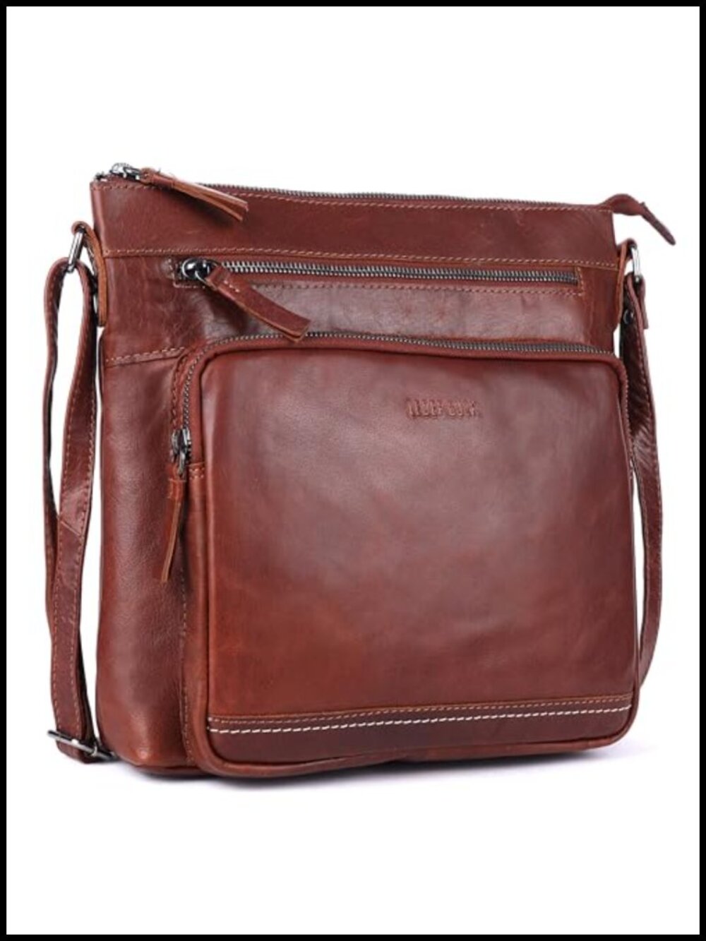 Genuine Leather Extra Large Triple Zip Crossbody Bag Adjustable Strap